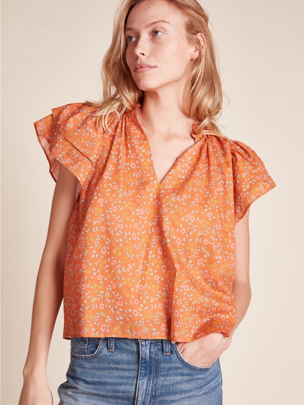 Trovata Orange Floral Flutter Sleeve Blouse